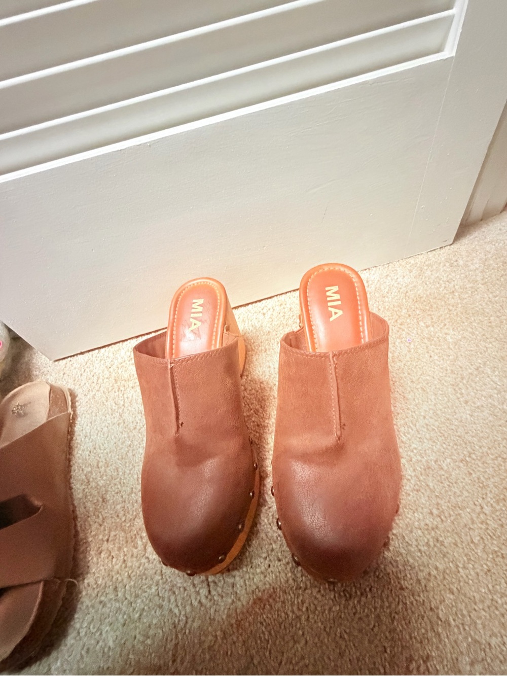MIA Tan Suede Clog Mules with Studded Wood-Look Sole